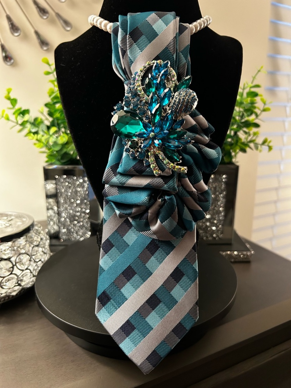 Teal & Gray Plaid Statement Necktie Brooch